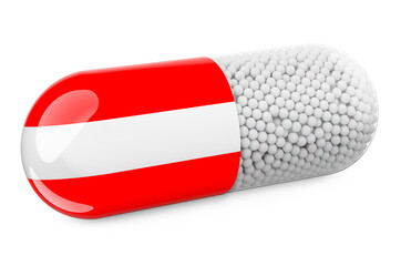 Pill capsule with Austrian flag. Healthcare in Austria concept. 3D rendering