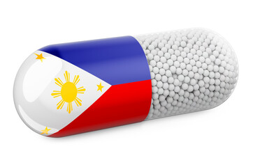 Pill capsule with Filipino flag. Healthcare in Philippines concept. 3D rendering