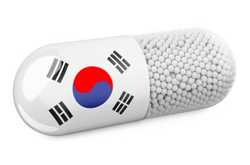 Pill capsule with South Korean flag. Healthcare in South Korea concept. 3D rendering