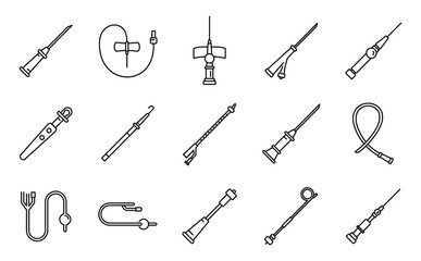 Medical catheter icons set, outline style