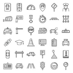 Auto driving school icons set, outline style