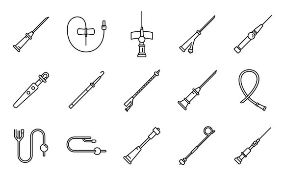 Medical catheter icons set, outline style