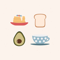 retro set breakfast, cup of coffee, bread, avocado, cupcakes, blueberry, berries