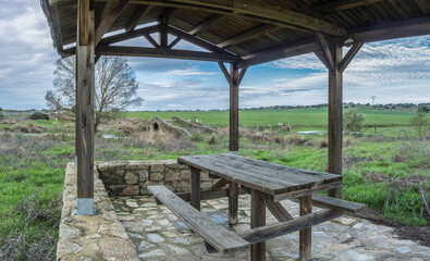 Medieval bridge of Santiago de Bencaliz, part of the Via de la Plata Way, Extremadura, Spain