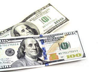 100 american dollars, american dollar, money market and 100 us dollars on a white background,