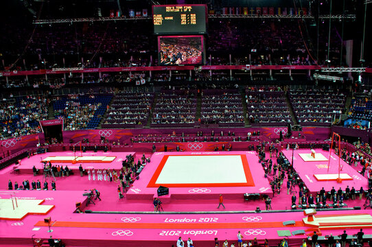 View to gymnastics events from the “Queen’s Suite” at the O2 Arena. Participants getting ready for start of the Team Gymnastics Competition, London Olympic Games 2012
