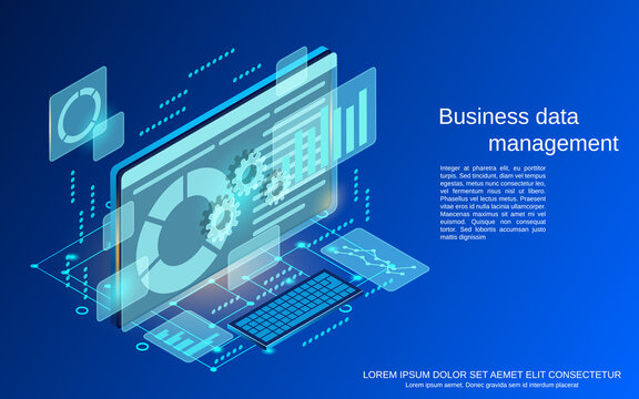Business data management, financial analytics flat 3d isometric vector concept illustration