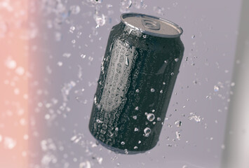 Naklejka na ściany i meble black can drink mock up with splash drops - 3d rendering