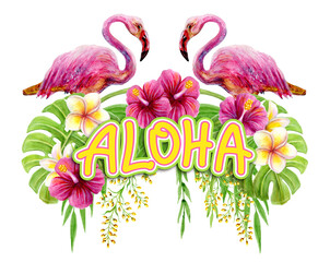 Aloha Hawaii greeting. Hand drawn watercolor painting with two pink Flamingo, Chinese Hibiscus rose flowers and palm leaf isolated on white background. Tropical summer ornament. Design element.