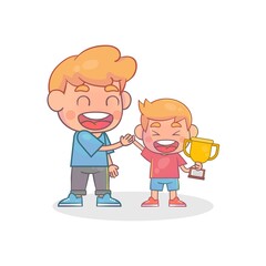 Happy cute boys holding trophy smiling together with father Premium Vector
