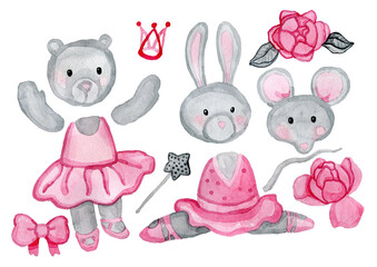 Cute watercolor set for a girl. Perfect for printing, web, textile design, greeting scrapbook paper, souvenirs and other creative ideas.