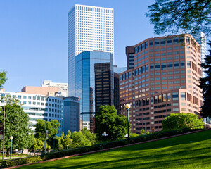 Denver Downtown Buildings - Downtown Denver high rise buildings on a summer morning viewed from Capitol Plaza, Denver, Colorado