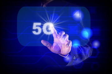 hand pushing button on touch interface, 5G connection network.