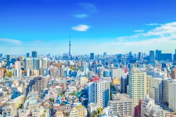 Wall murals Tokyo anime illust background city tokyo sky townscape skytree scenery noon fine weather helicopter shot