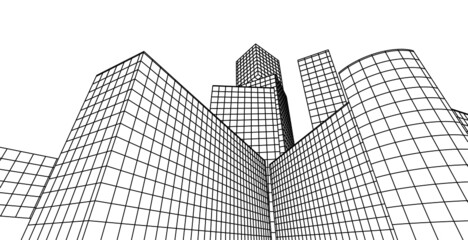 Perspective outline architecture building 3d illustration, modern urban architecture abstract background design.