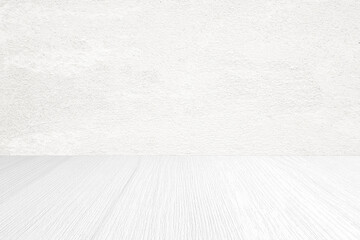 Empty white cement wall and wood floor background for product display montage, White concrete and wooden room backdrop template