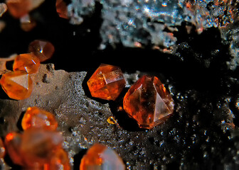 Macro shot of wulfenite crystals, displaying the rarer orange brown colour, collected at Whim Well...