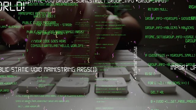 Creative visual of computer programming coding and software development shown by man working on computer keyboard with overlay of computer graphic displaying abstract program codes and computer script