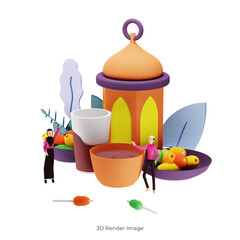 3d render Iftar Eating After Fasting party illustration concept. Moslem family dinner on Ramadan Kareem or celebrating Eid with people character