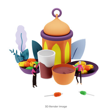 3d Render Iftar Eating After Fasting Party Illustration Concept. Moslem Family Dinner On Ramadan Kareem Or Celebrating Eid With People Character