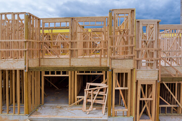 Panorama view framing unfinished of a apartment residential construction wall