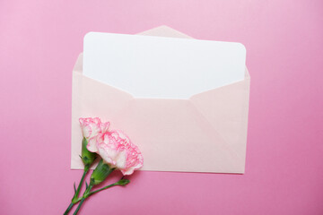 Pink Carnation flowers with blank greeting card set. Mother's day, Father's day, Women's day, Wedding and Birth day background. ピンクカーネーションとカードセット、母の日素材、母の日背景