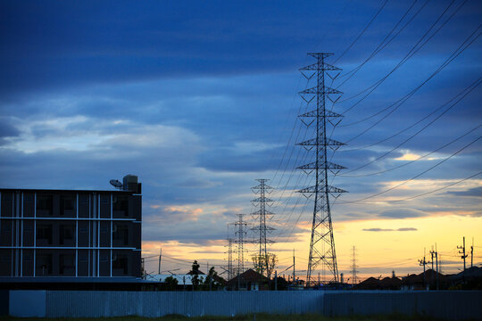 Highl voltage electrical pols wire pass the village