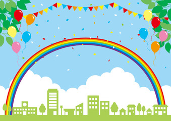 街並みと虹と風船