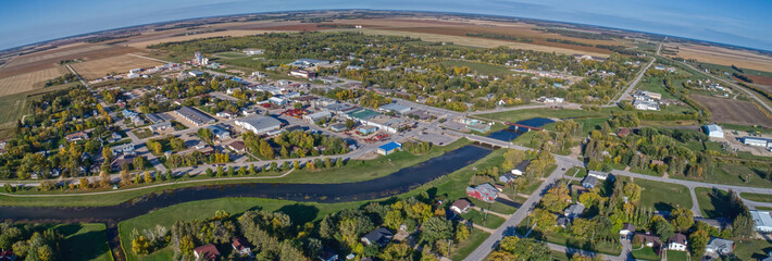 Aerial view of Arborg, Manitoba in early autumn
