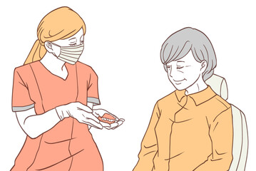 入れ歯の説明をする歯科衛生士（シンプルカラーバージョン）