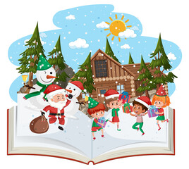 Open book with many children in christmas theme