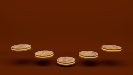 Wooden product stand futuristic or podium pedestal on empty display with orange backdrops. 3D rendering.