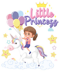 Little girl riding pegasus with little princess font on white background