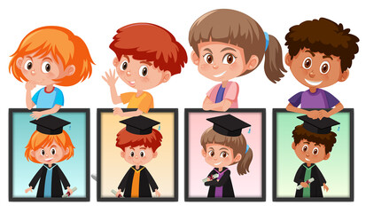 Many kids holding their graduation photos