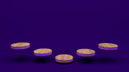 Wooden product stand futuristic or podium pedestal on empty display with purple backdrops. 3D rendering.