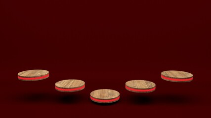 Wooden product stand futuristic or podium pedestal on empty display with red backdrops. 3D rendering.