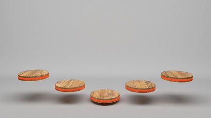 Wooden product stand futuristic or podium pedestal on empty display with white backdrops. 3D rendering.