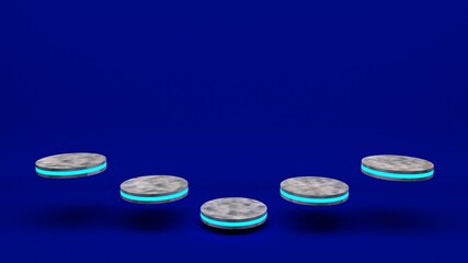 Marble product stand futuristic or podium pedestal on empty display with blue backdrops. 3D rendering.