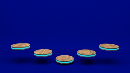 Wooden product stand futuristic or podium pedestal on empty display with blue backdrops. 3D rendering.