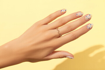 Womans hands with trendy polka dot summer manicure over yellow background