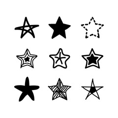 Set of black stars icons hand-drawn. Collection of star effect symbols scribble on white background. Simple design. Line doodle. Kids style. Vector illustration.
