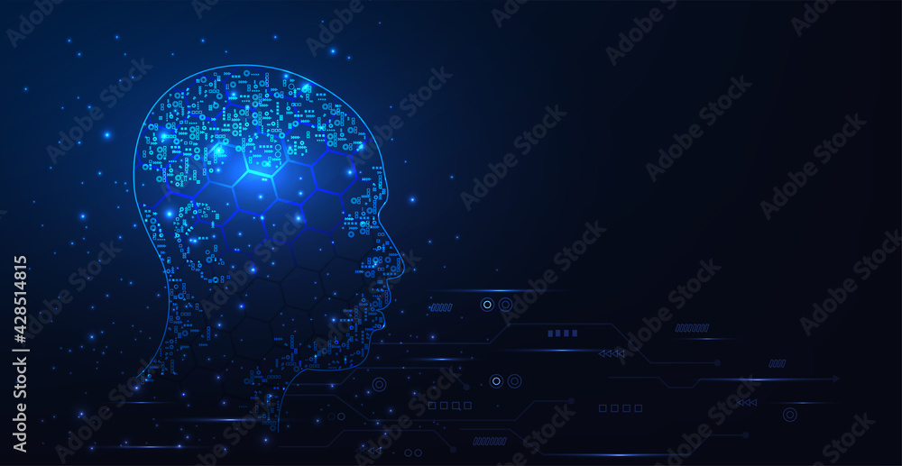 Poster artificial intelligence concept.human head outline with circuit board digital human face in robot di