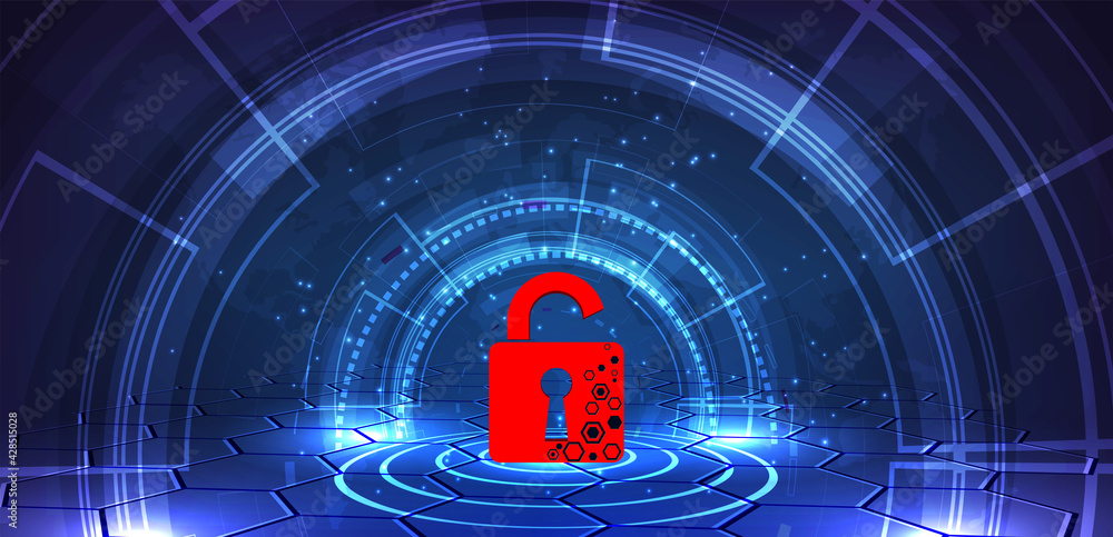 Poster cyber security attack technology concept.padlock red open on dark blue background.cyber attack and i