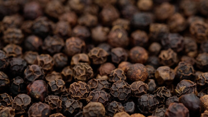 Peppercorn close up. Flavorful and aromatic black pepper