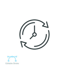 time clock update or refresh icon. Restore Clock inside recycle arrows to update date, time forward or back, reverse time concept. Editable stroke. outline style. vector illustration design on white