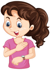 Girl cartoon character looking at wrist watch