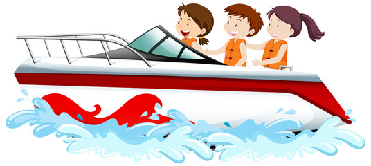 People standing on a speed boat isolated on white background
