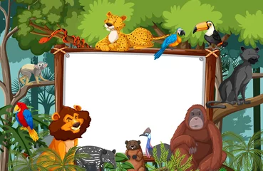 Poster Im Rahmen Blank banner in the rainforest scene with wild animals © blueringmedia