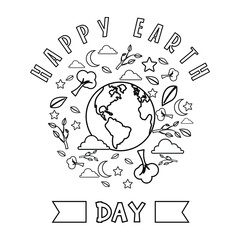 earth day: doodle line art with images of earth, stars, moon and plants