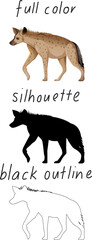 Set of hyena in color, silhouette and black outline on white background